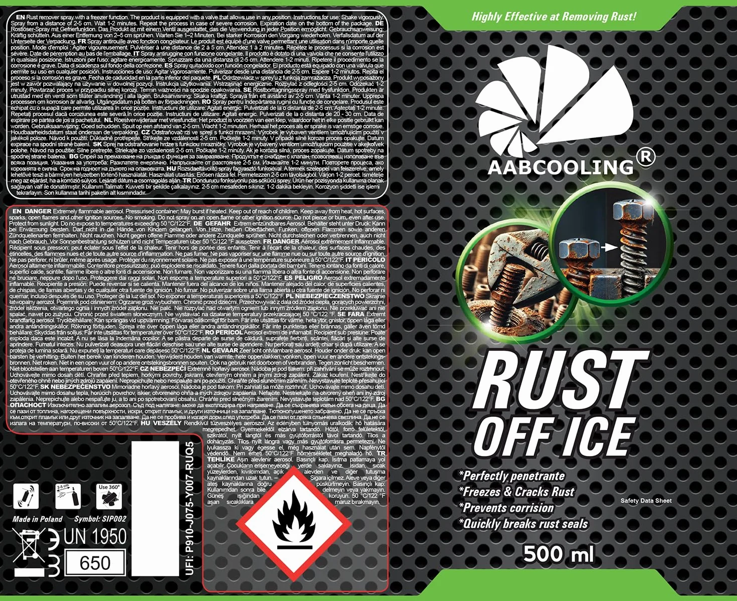 AABCOOLING Rust Off Ice 1x 500ml - Szybki odrdzewiacz z efektem zamrażania -40°C, Usuwa rdzę, Luzuje zapieczone śruby i nakrętki, Inhibitor rdzy, Neutralizator rdzy, Środek antykorozyjny w spray-u
