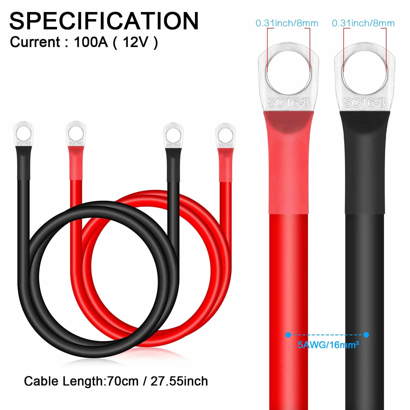 Zocipro 2 szt kabel do akumulatora 70 cm, 16 mm², kabel do akumulatora M8, 12 V, 5AWG, kabel do ładowania akumulatora z końcówkami pierścieniowymi M8, miedziany, elastyczny drut, do samochodów