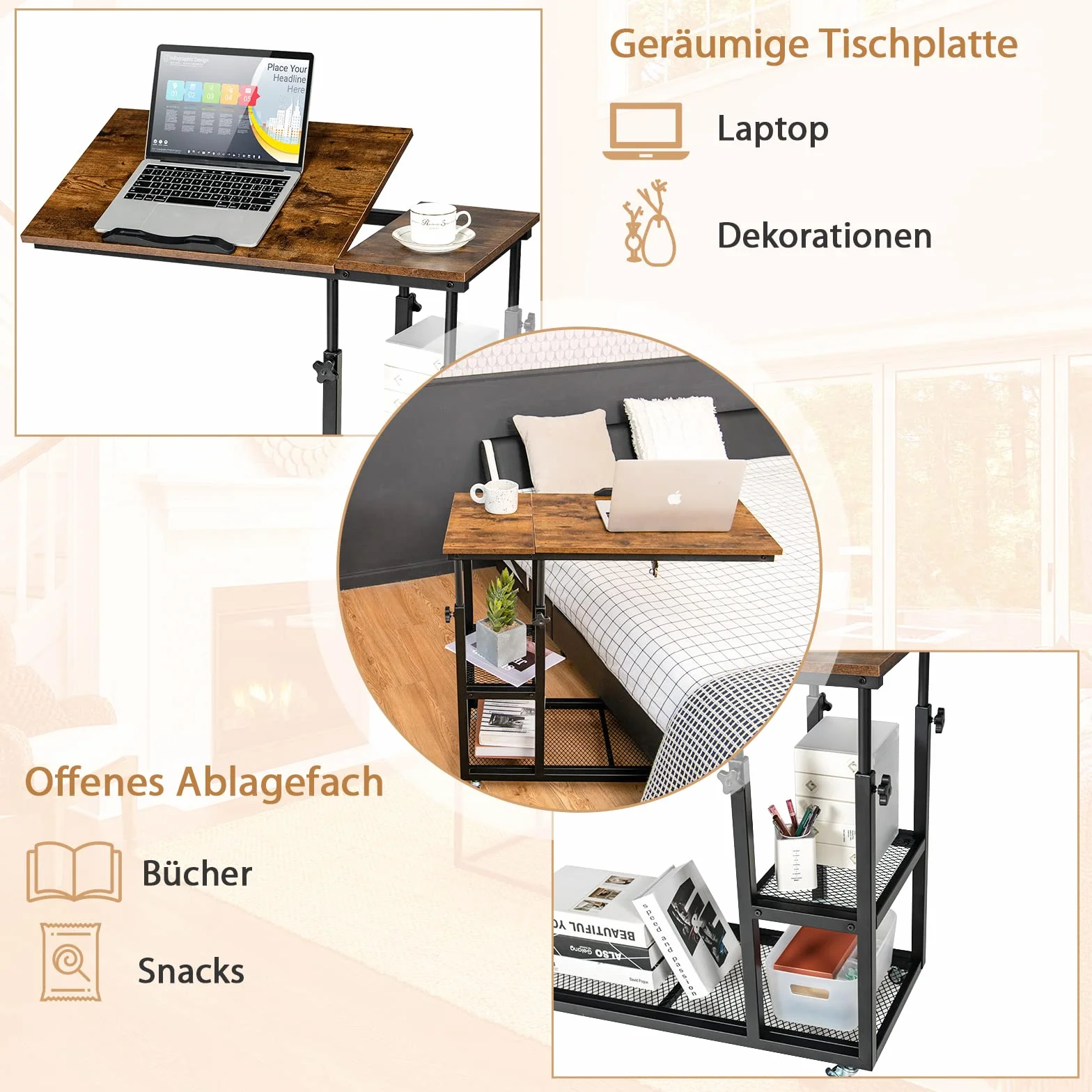 COSTWAY Stolik pod laptopa z regulacją wysokości i nachylenia, 3 poziomy, w kształcie litery C, na kółkach, 80 x 40 x 95 cm, brązowy