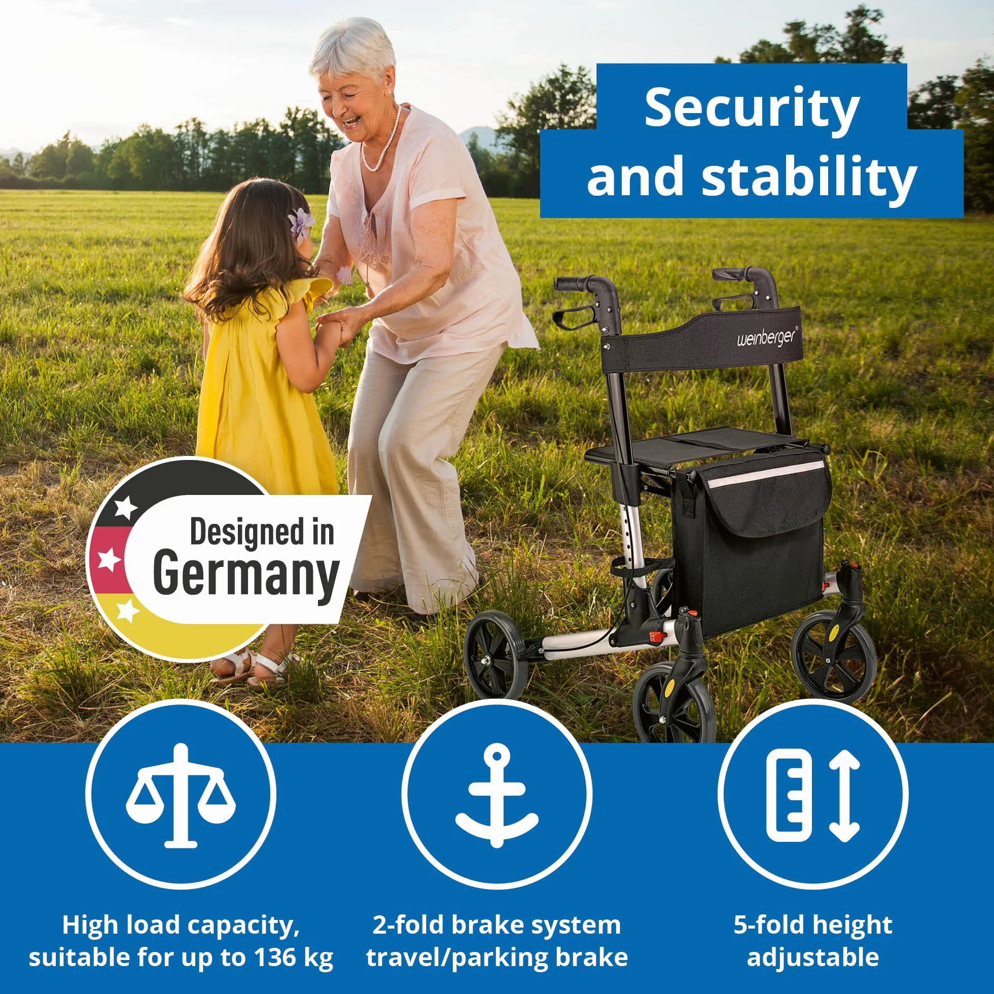 WEINBERGER leichter klappbarer Alu-Rollator all-Inclusive mit Tasche Stockhalter Bremsen, 7,3 kg, höhenverstellbar, Silber-Schwarz