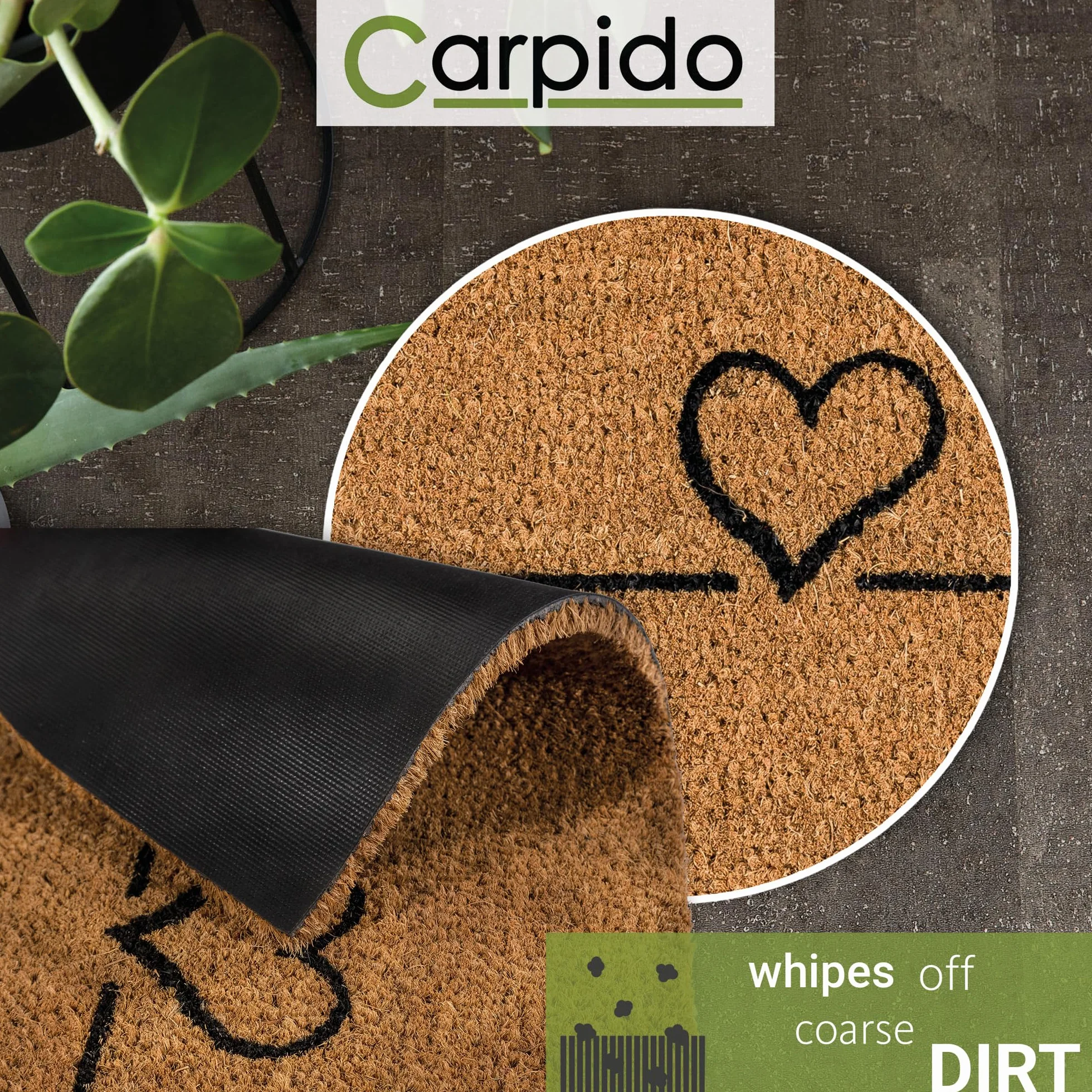 Carpido Wycieraczka kokosowa linia serca – wycieraczka 40 x 60 cm (prostokątna) – antybakteryjna mata wejściowa z naturalnego materiału – 100% kokos do użytku wewnątrz i na zewnątrz