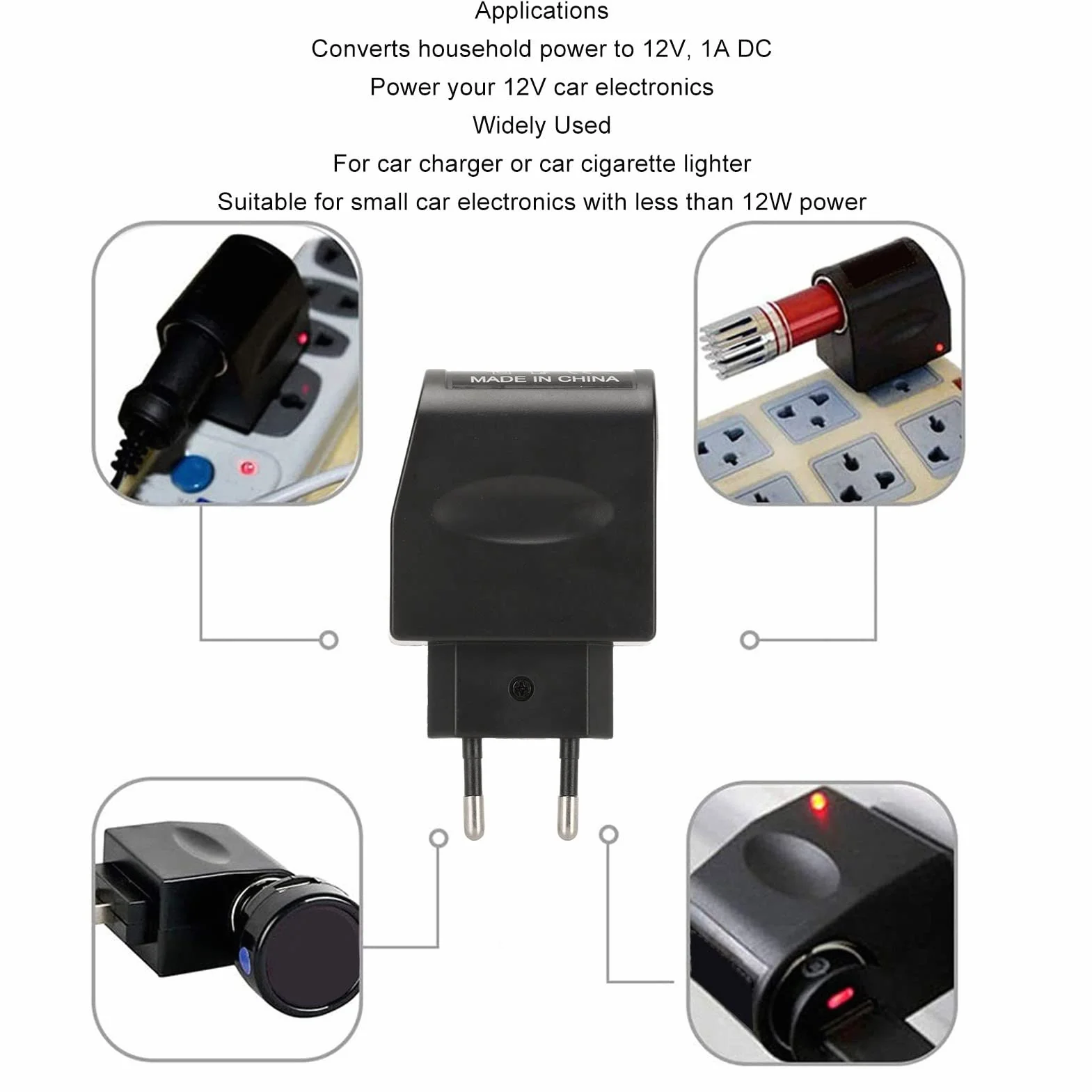 Przetwornica 12V 1A DC, AC 240V do DC 12V Gniazdo Zapalniczki Samochodowej Zasilacz, 12W Konwerter Zasilacza Transformator ścienny Adapter Wtyczki do Małej Elektroniki Samochodowej(E.U. Plug)