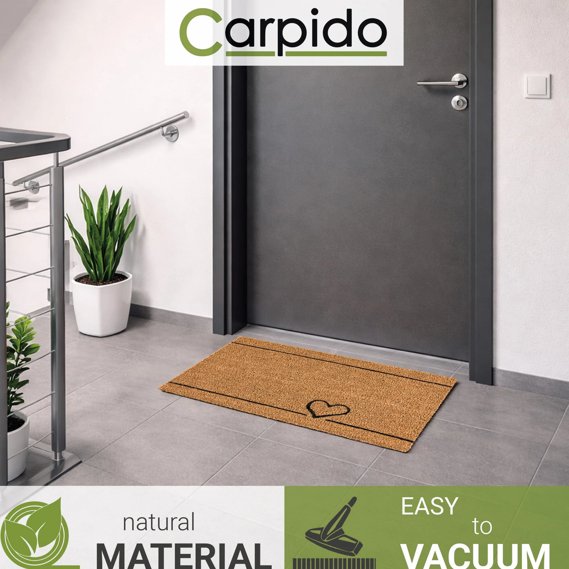 Carpido Wycieraczka kokosowa linia serca – wycieraczka 40 x 60 cm (prostokątna) – antybakteryjna mata wejściowa z naturalnego materiału – 100% kokos do użytku wewnątrz i na zewnątrz