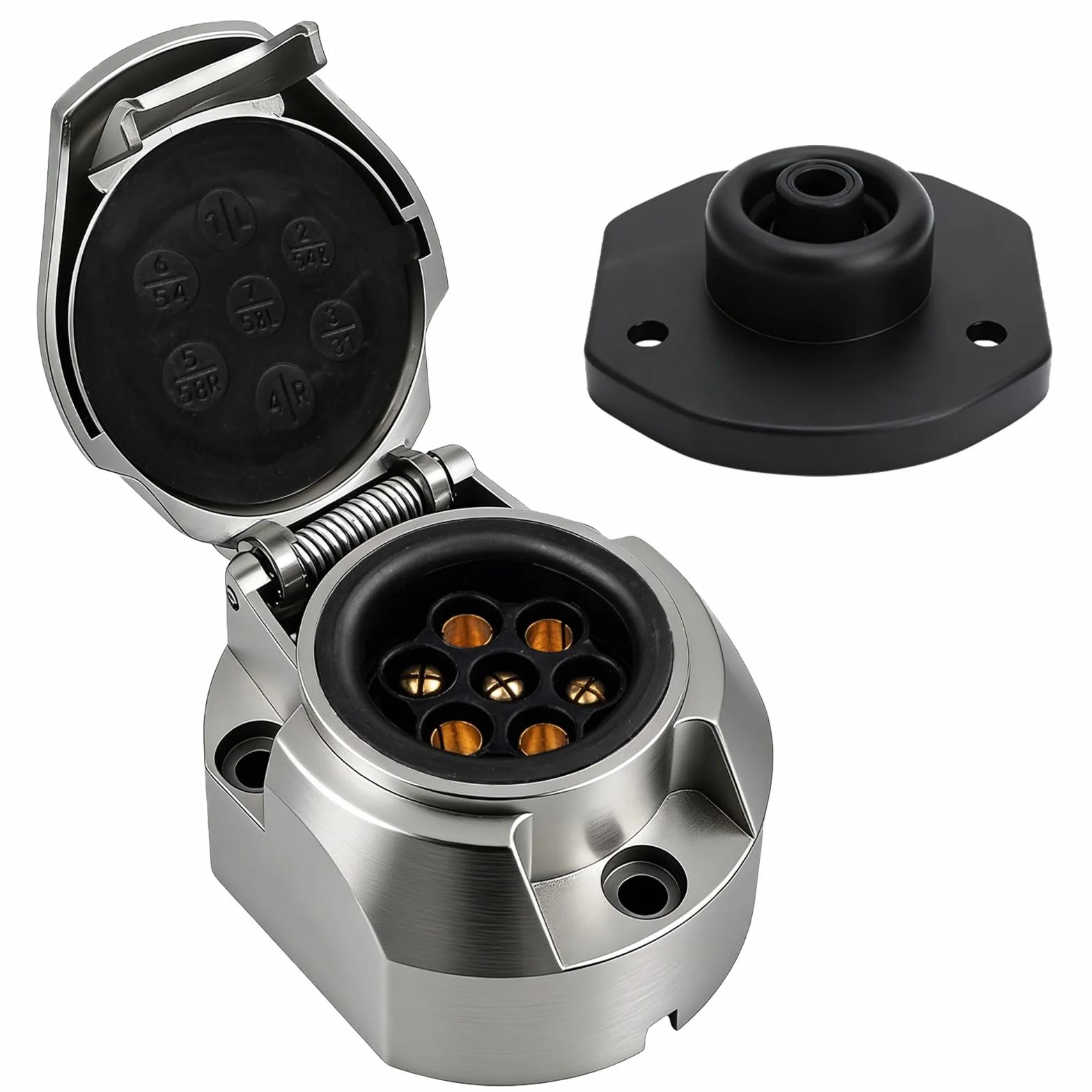 HENGBIRD Zawieszka, metalowe gniazdo przyczepy, 7-biegunowe, wodoszczelne, z gumową uszczelką, adapter gniazdo z pokrywą na zawiasach, 12 V do przyczep kempingowych lub pojazdów użytkowych, zgodnie z